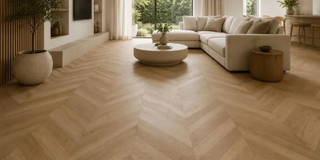 Lichte hongaarse punt PVC vloer in een moderne woonkamer